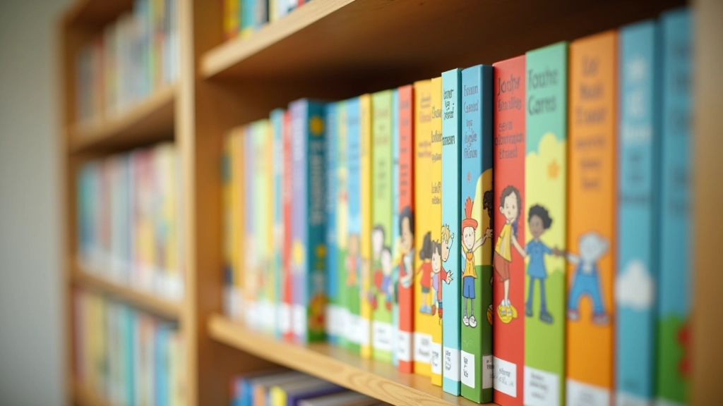 Prateleira de livros infantis coloridos em inglês, alguns com capas brilhantes e ilustrações apelativas