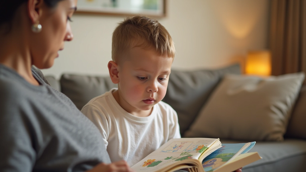 Criança a apontar para palavras num livro ilustrado enquanto pai lê em voz alta