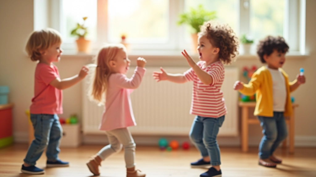 Crianças a cantar e a dançar num quarto brilhante com brinquedos coloridos ao fundo, energia e diversão