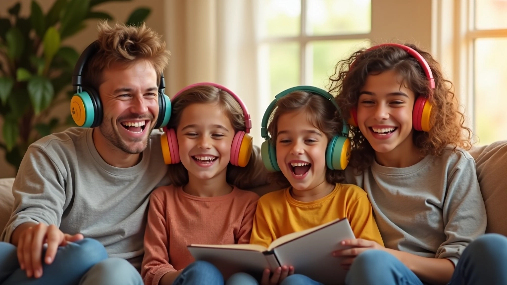 Família inteira sentada numa sala aconchegante com auriculares de diferentes tamanhos, rindo e a desfrutar de música juntos