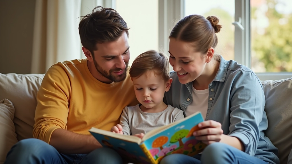 Família sentada na sala lendo um livro juntos, criança apontando para as palavras enquanto os pais sorriem