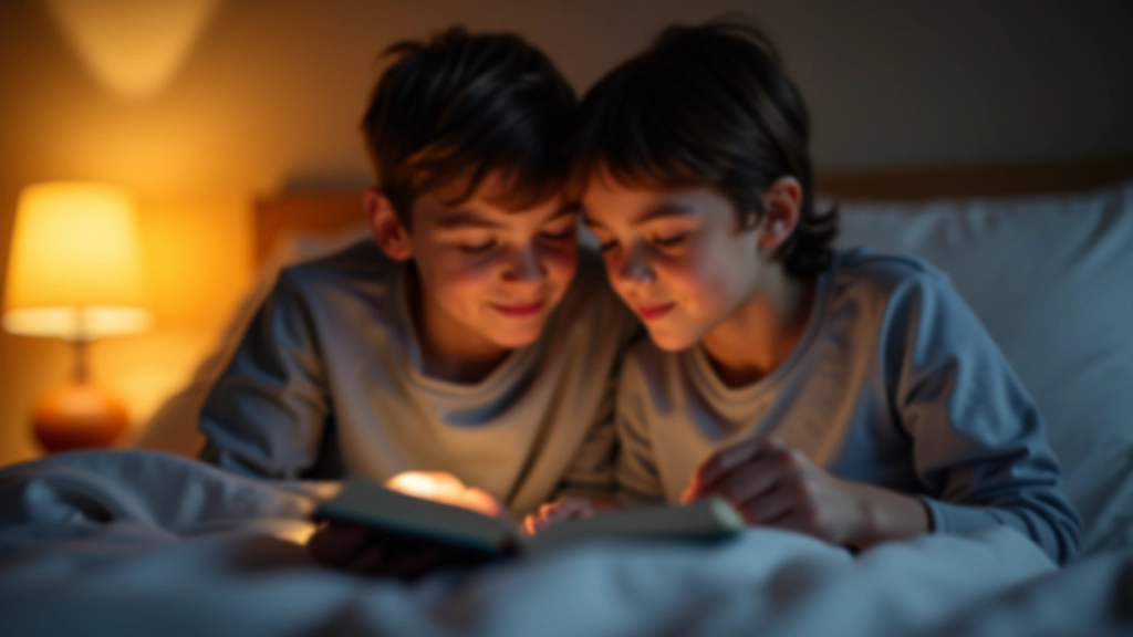 Criança a ler livro colorido com pai deitado ao lado, numa cama com almofadas aconchegantes