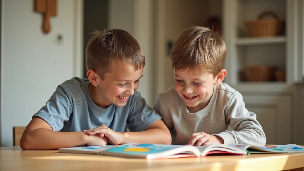 Pai e filho sentados à mesa com um livro colorido aberto, apontando para ilustrações e conversando