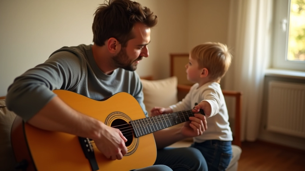 Pai a tocar guitarra acústica enquanto criança observa com interesse, sala aconchegante com luz natural, momento de conexão