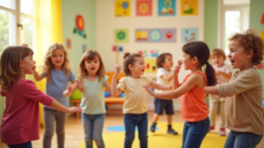 Crianças cantando e dançando durante aula de inglês
