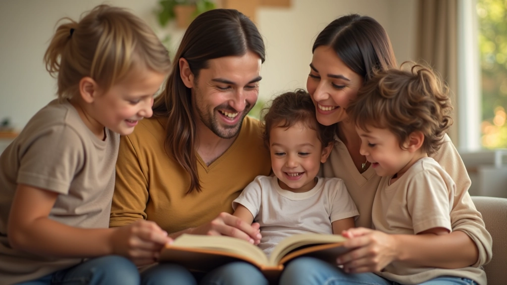 Família feliz aprendendo inglês juntos em casa com sorriso genuíno