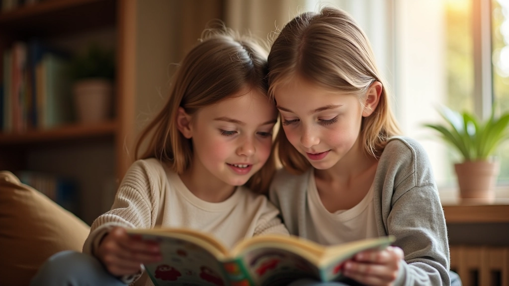 Mãe mostrando uma página de livro ilustrado a uma rapariga mais velha, apontando para imagens enquanto discutem