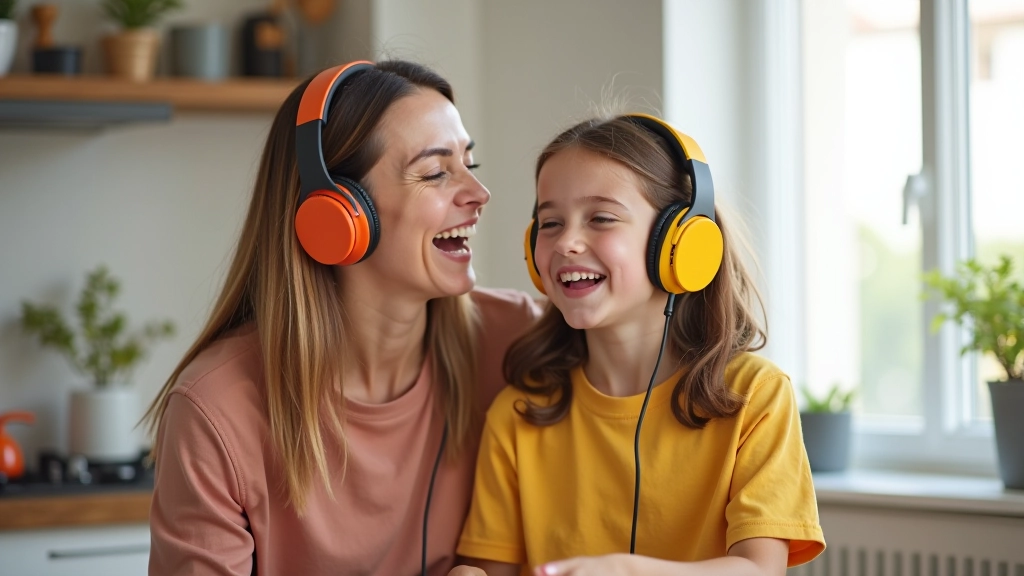 Mãe e filha cantando juntas com fones de ouvido numa cozinha brilhante, ambas a sorrir