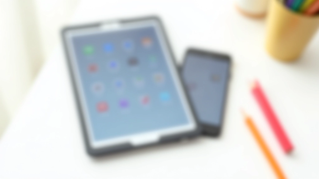 Tablet e smartphone lado a lado exibindo apps de música infantil, mesa branca limpa com lápis de cores, educação digital