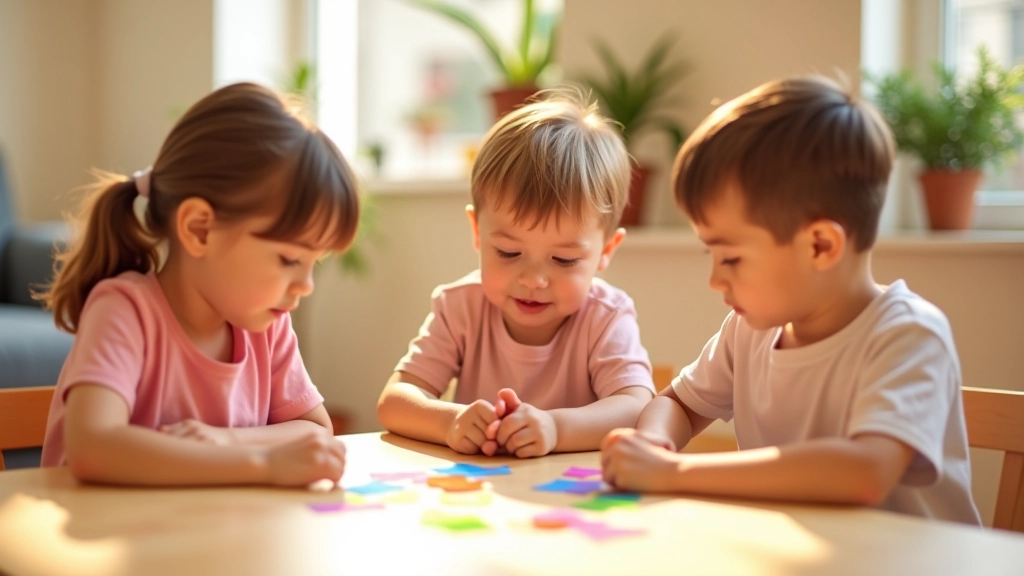 Três crianças a jogar um jogo em torno de uma mesa colorida, sorridentes, com cartões espalhados, luz clara do dia